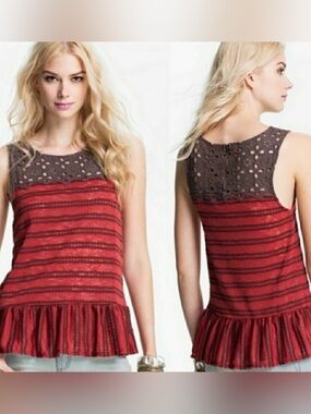Free People Red Striped Tank with Brown Crochet Yoke